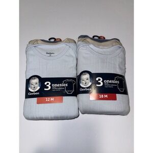 Gerber Baby 6 Onesies Ribbed Bodysuits Blue Beige 12M 18M Cotton Shower Bday NIP